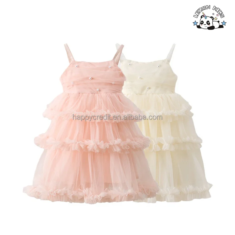 LEZONKIDS - Vestido de Tule para Meninas Princesa Puffy em Camadas com Suspensão de Pérolas Elegantes Mais Recente de 2024 para o Verão